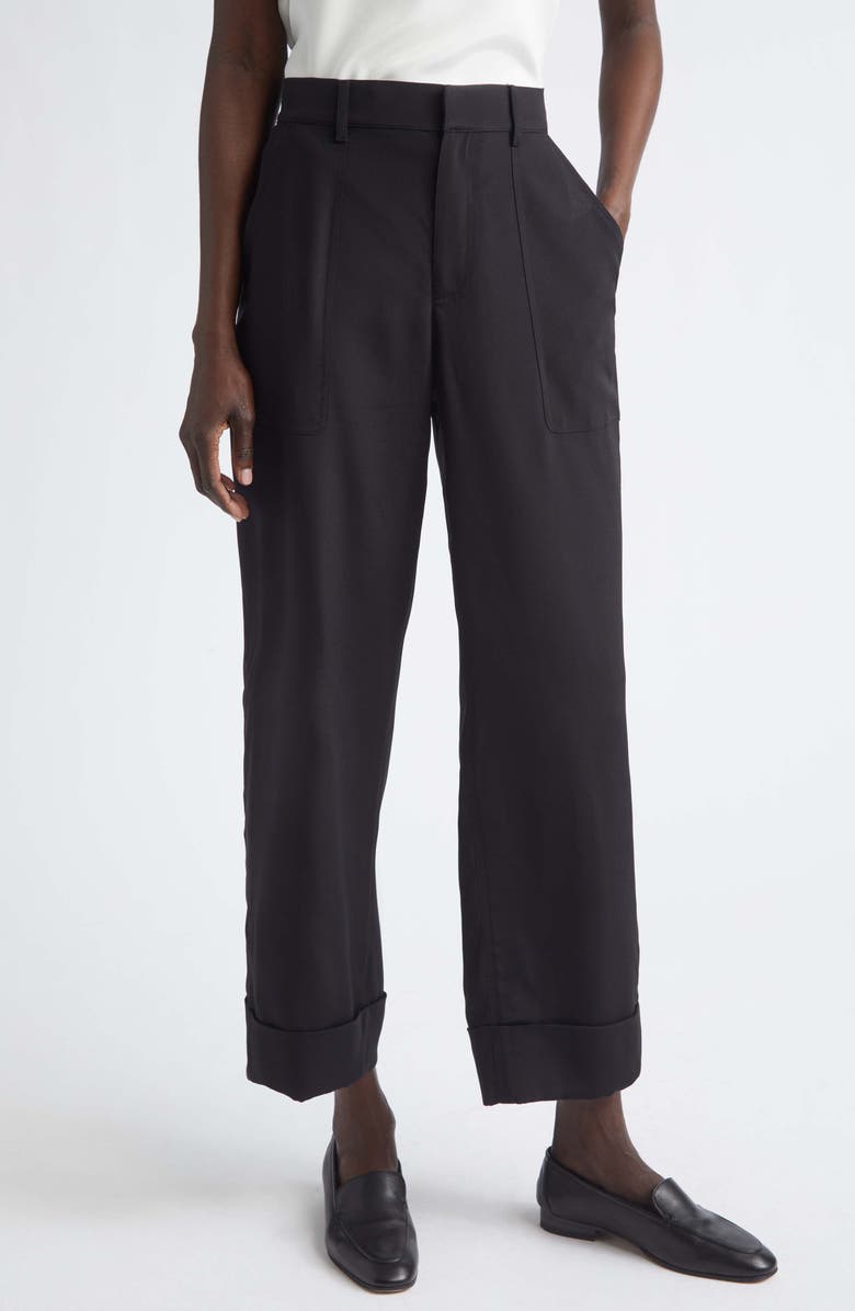 Lafayette 148 New York Highline Stretch Silk Crêpe de Chine Ankle Straight Leg Pants, Main, color, Black