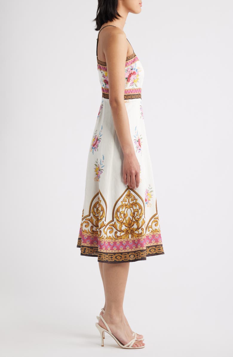Elie Tahari The Annalise Sleeveless Linen Blend Midi Dress, Alternate, color, Tiara Garden Print