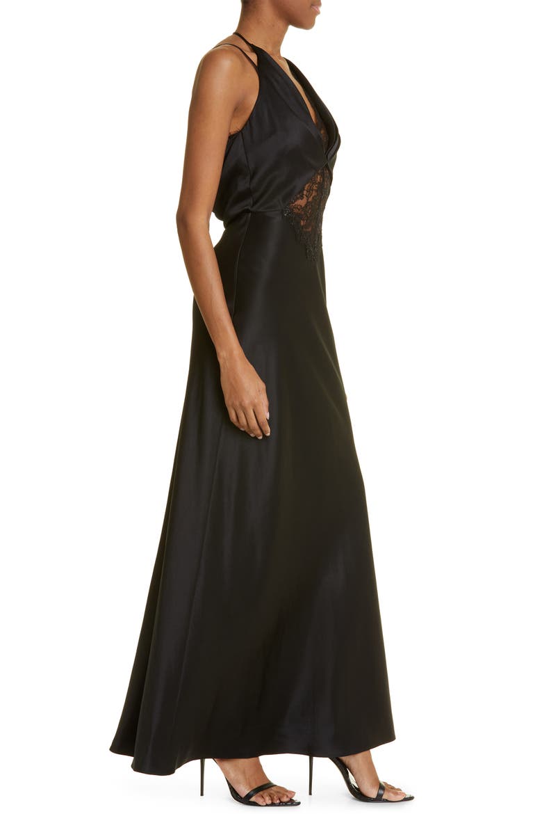 Metallic Lace Detail Silk Gown, Alternate, color, FLORAL PRINT/ BLACK