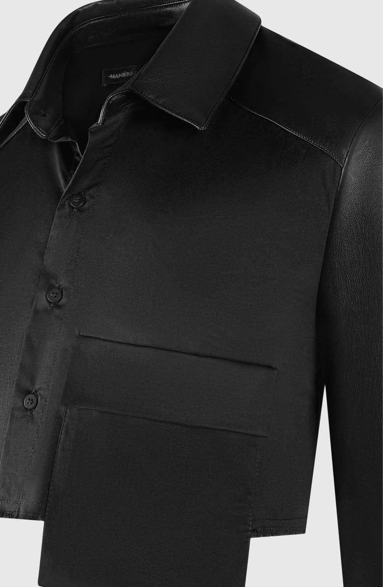 Manière De Voir Bernadette Leather Contrast Cropped Shirt, Alternate, color, Black