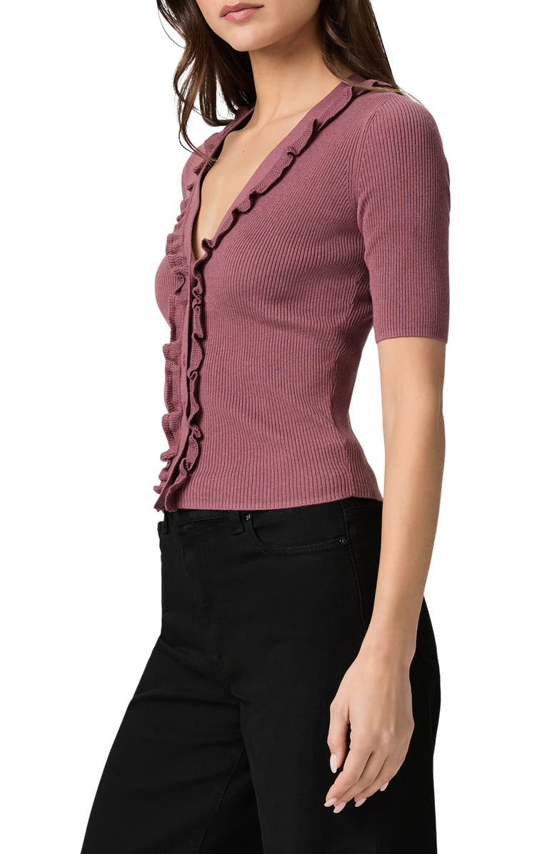 PAIGE Demetra Ruffle Rib Short Sleeve Cardigan, Alternate, color, Rose Tea