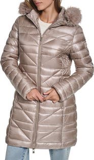 KARL LAGERFELD Chevron Quilted Coat with Removable Faux Fur Trim
