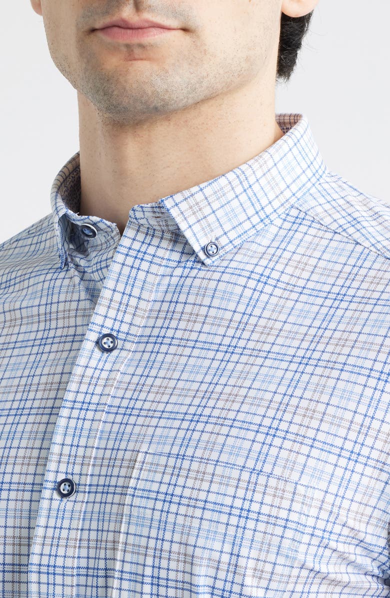 Johnston & Murphy XC Motion Performance Knit Button-Up Shirt, Alternate, color, Blue/ Tan Plaid