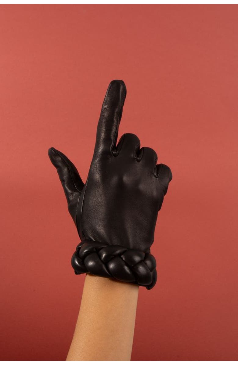 Agnelle New Edith Lambskin Glove Lined in Cashmere with Braided Cuff, Alternate, color, Tnoir
