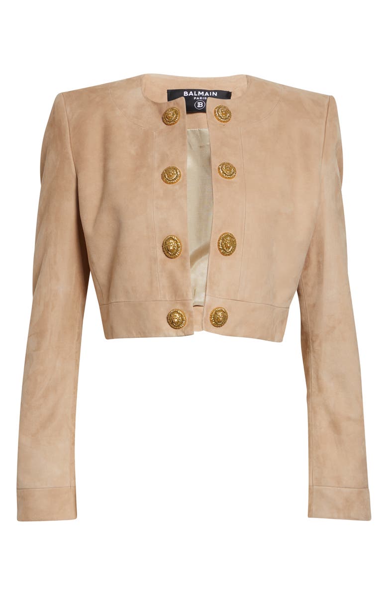 Balmain Crop Suede Spencer Jacket, Main, color, 8Fi Sand