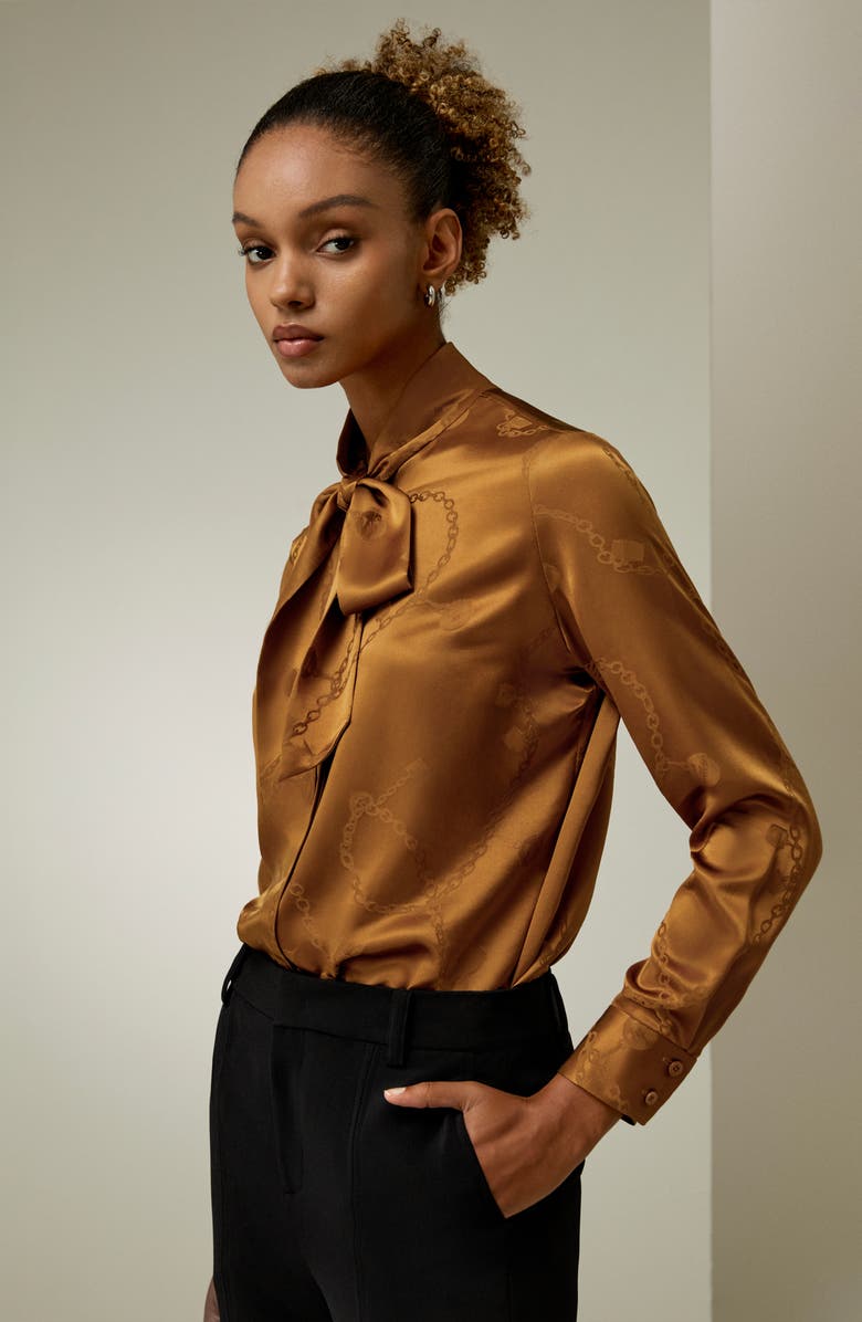 Lilysilk Jacquard-wave Silk Blouse with Bow for Women, Alternate, color, Caramel