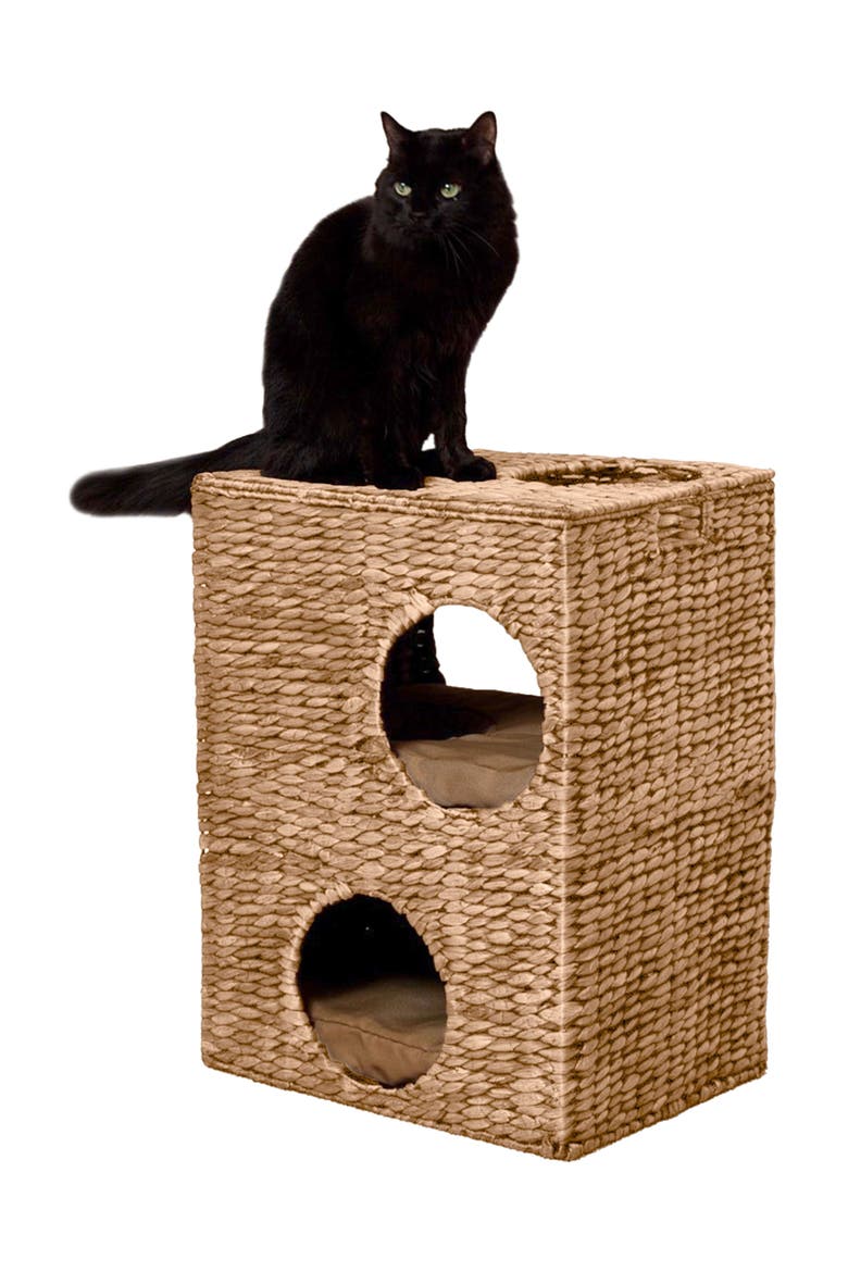 Jaxon 18" 2-Tier Handwoven Hyacinth Rectangular 5-Hole Cat Condo, 2 Machine-Washable Cushions, Main, color, Natural