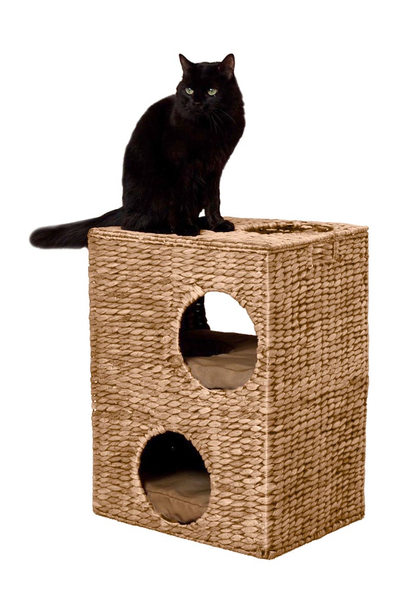 The Licker Store Jaxon 18" 2-Tier Handwoven Hyacinth Rectangular 5-Hole Cat Condo, 2 Machine-Washable Cushions, Main, color, Natural