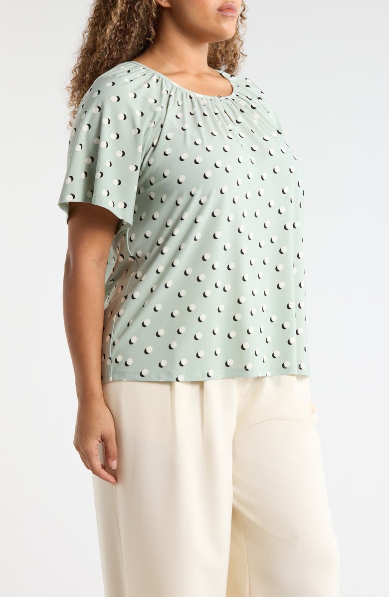 AK ANNE KLEIN Dot Print Keyhole Peasant Top, Alternate, color, Soft Aloe Multi