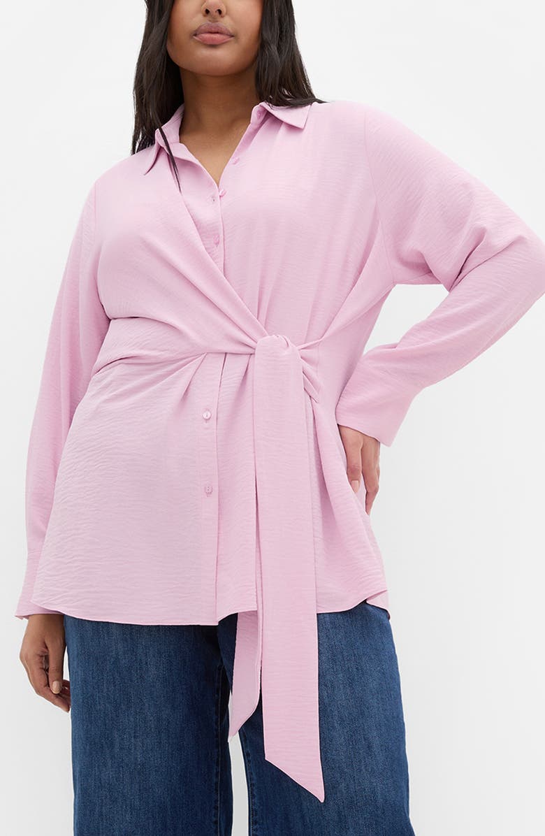 City Chic Telia Tie Waist Button-Up Shirt, Main, color, Soft Pink