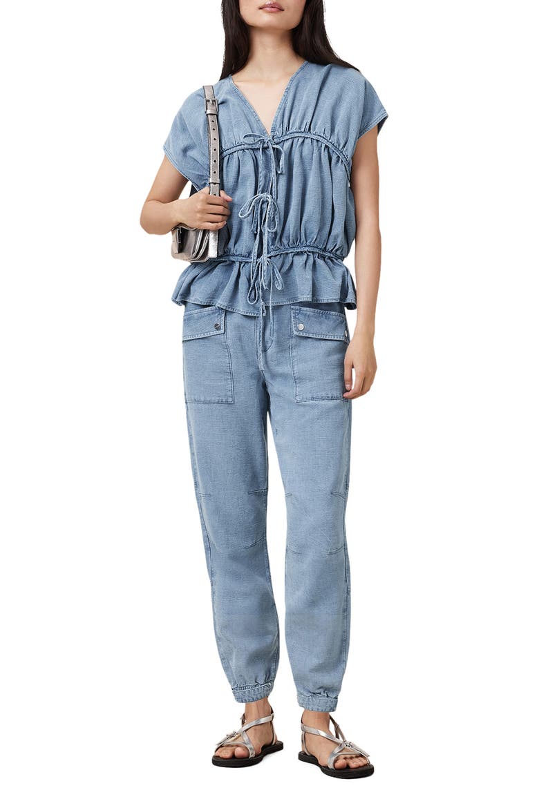 Remy Gathered Tie Front Denim Top, Alternate, color, LIGHT BLUE