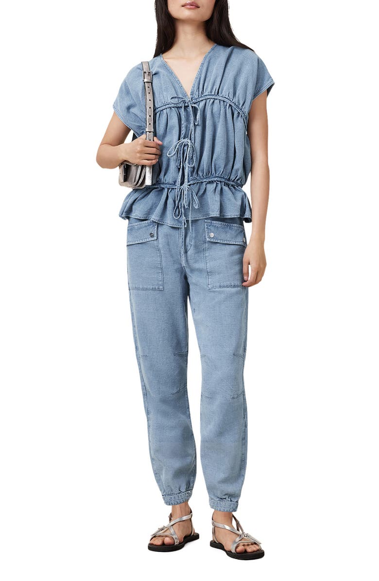 AllSaints Remy Gathered Tie Front Denim Top, Alternate, color, Light Blue