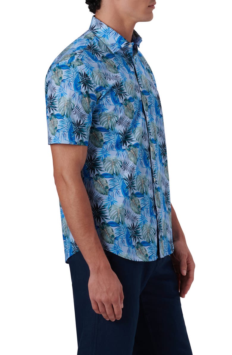 Bugatchi Shaped Fit Print Stretch Cotton Short Sleeve Button-Up Shirt, Alternate, color, Sky