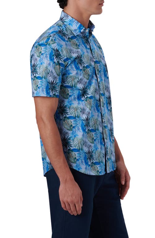 Bugatchi Shaped Fit Print Stretch Cotton Short Sleeve Button-up Shirt In Blue