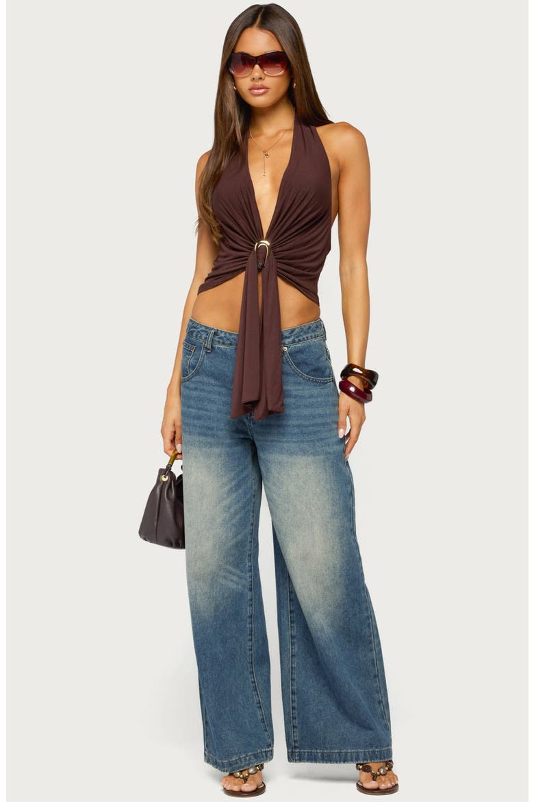 Dixi Buckle Draped Plunge Neck Halter Top, Alternate, color, BROWN