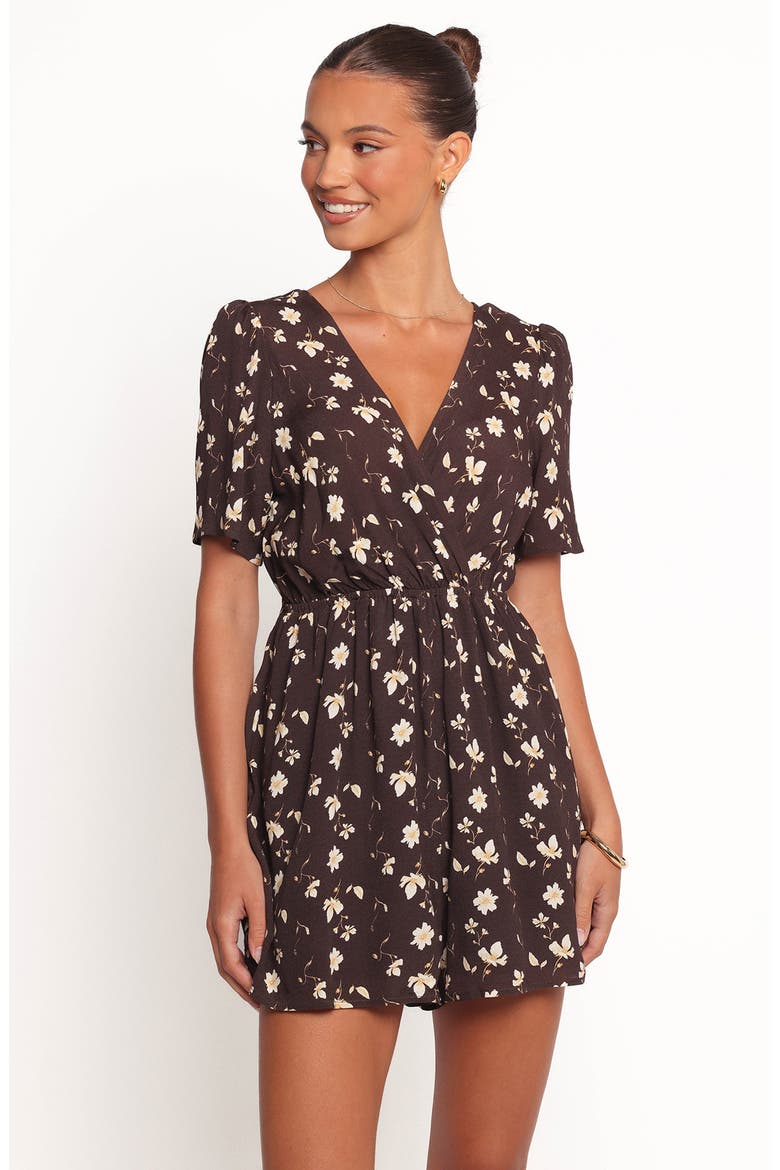 Raschelle Faux Wrap Romper, Alternate, color, BROWN DITSY