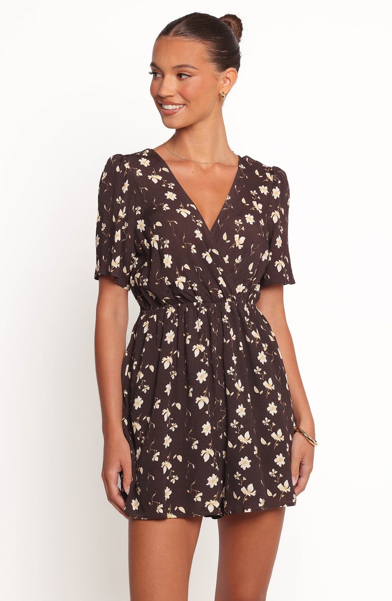 Petal & Pup Raschelle Faux Wrap Romper, Alternate, color, Brown Ditsy