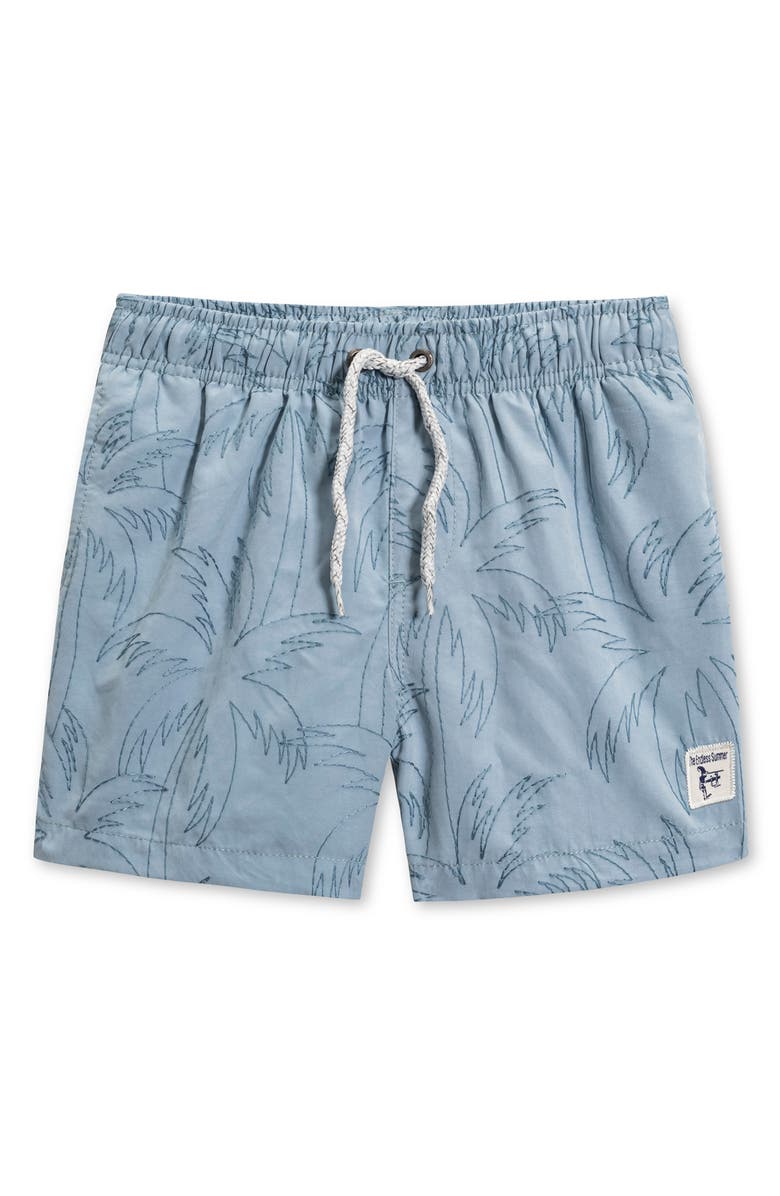 THE ENDLESS SUMMER Kids' Palm Embroidered Volley Swim Trunks, Main, color, Gray Blue