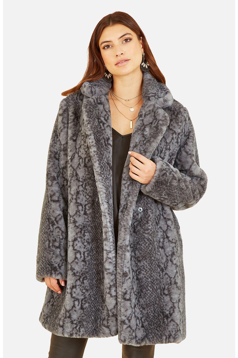 Snakeskin Print Faux Fur Coat, Main, color, Grey