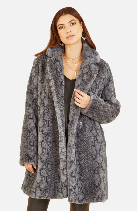Snakeskin Print Faux Fur Coat