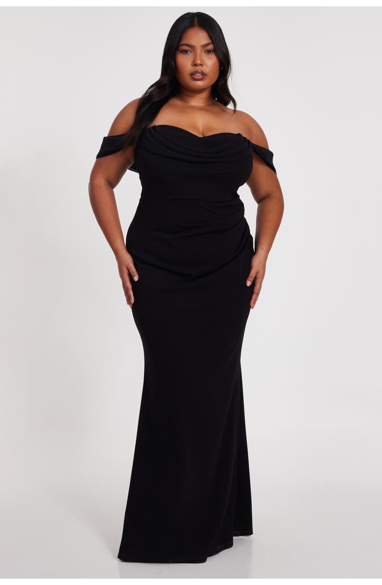 QUIZ Plus Size Scuba Crepe/Chiffon Bardot Maxi Dress, Main, color, 
