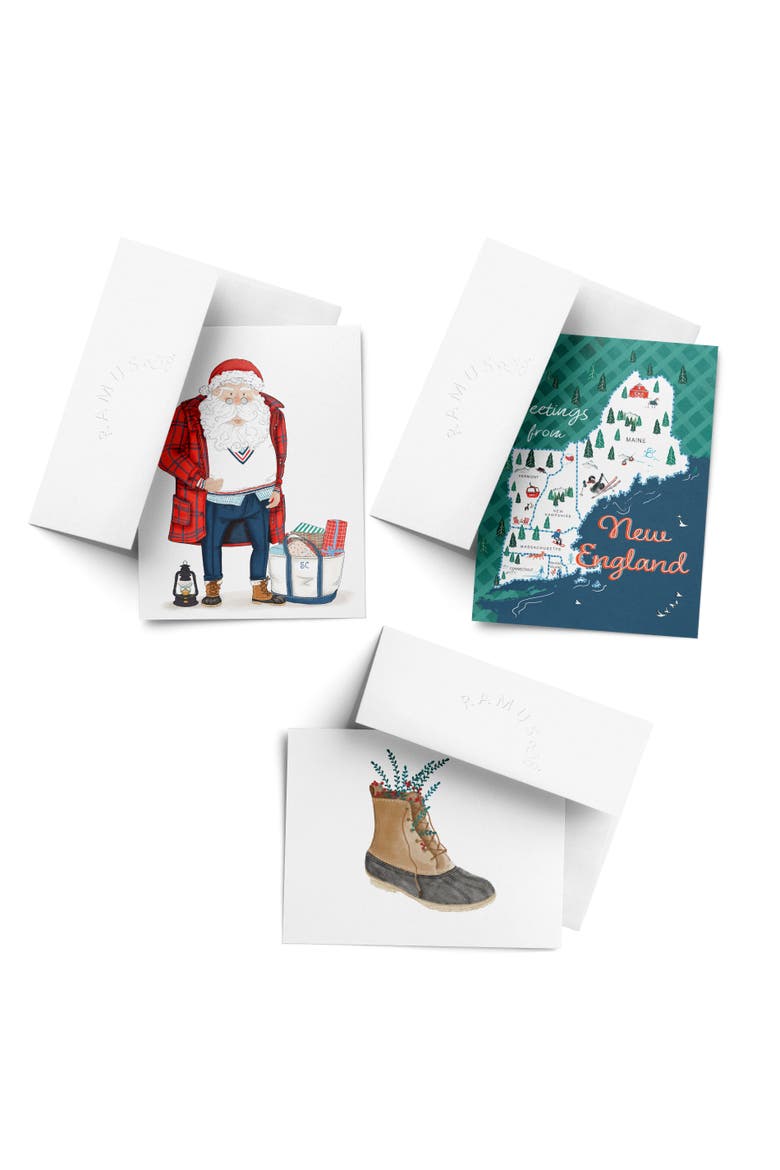 Greetings from New England, New England Boot, Preppy Santa Winter/Holiday/Christmas Greeting Card Pack Sets, Main, color, Multi-Pack