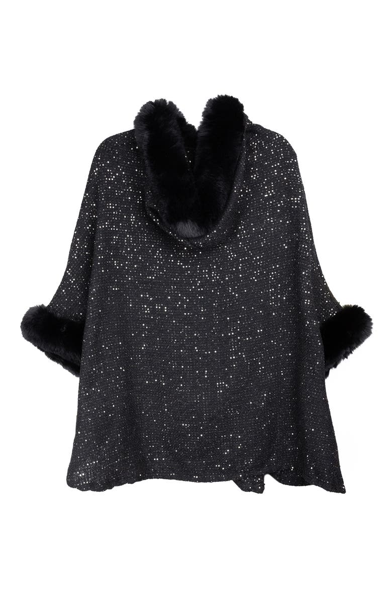 Stars Faux Fur Trim Hooded Ruana, Alternate, color, BLACK