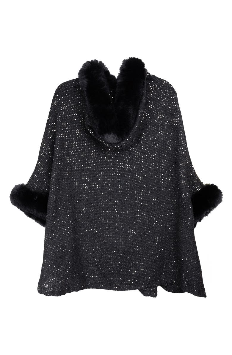 SAACHI Stars Faux Fur Trim Hooded Ruana, Alternate, color, Black