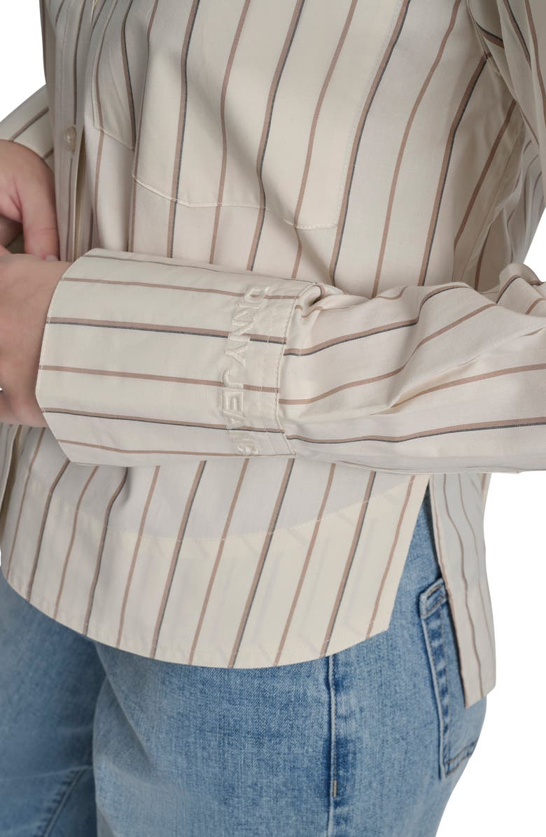 DKNY Jeans Oversize Long Sleeve Crop Button-Up Shirt, Alternate, color, Brown / Eggnog