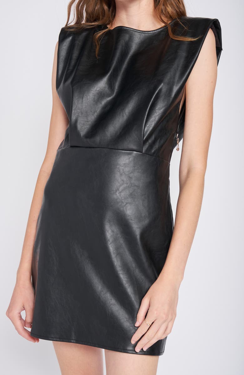 En Saison Padded Shoulder Faux Leather Minidress, Alternate, color,
