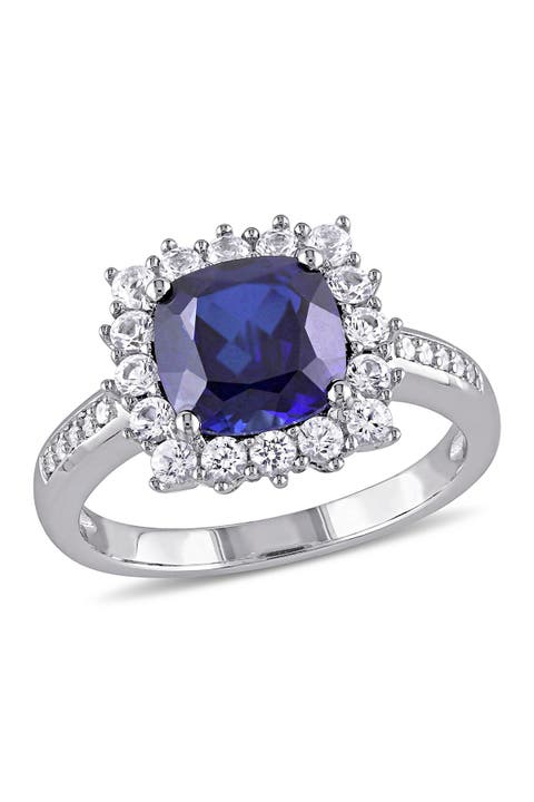 Sterling Silver Lab Created Blue Sapphire, Lab Created White Sapphire & Diamond Ring - 0.05ct.
