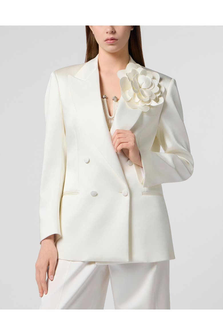 Double-Breasted Satin Blazer Roses Women, Main, color, white