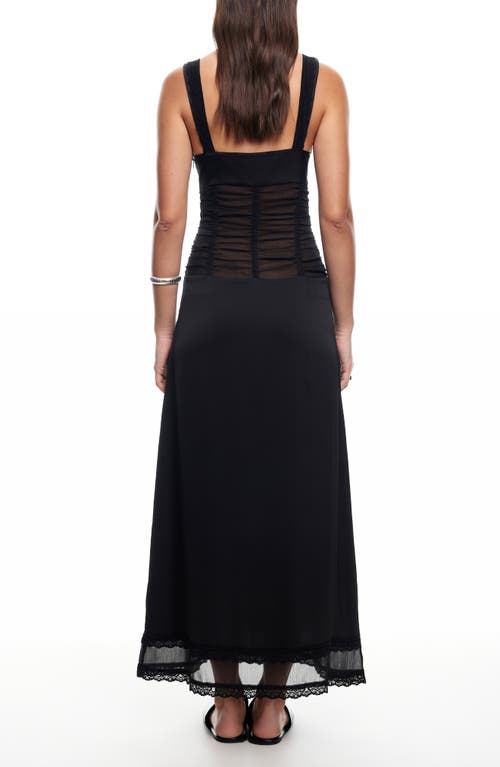 Lioness Kendall Ruched Lace Sleeveless Maxi Dress In Onyx