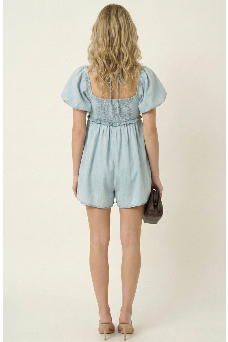 Puff Sleeve Romper with Tie Front and Relaxed Flowy Fit, Alternate, color, Light Blue