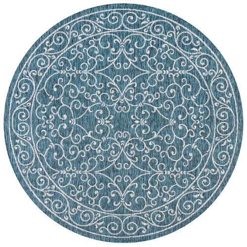 Jonathan Y Charleston Vintage Filigree Textured Weave Indoor/outdoor Round Area Rug In Teal/gray