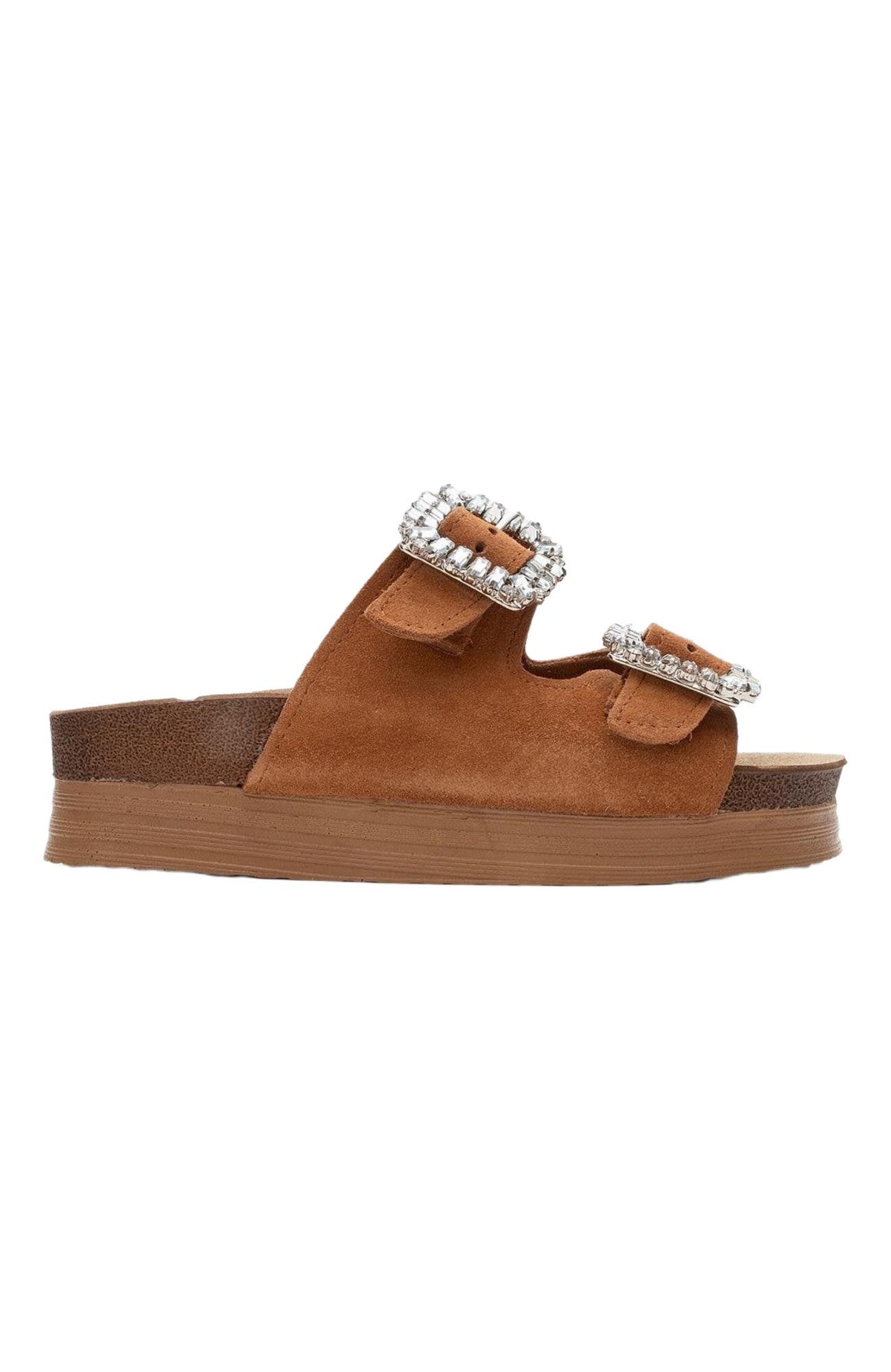 Forever & Always Shoes Polacca Leather Slide Sandal, Alternate, color, Cognac Brown Suede Leather