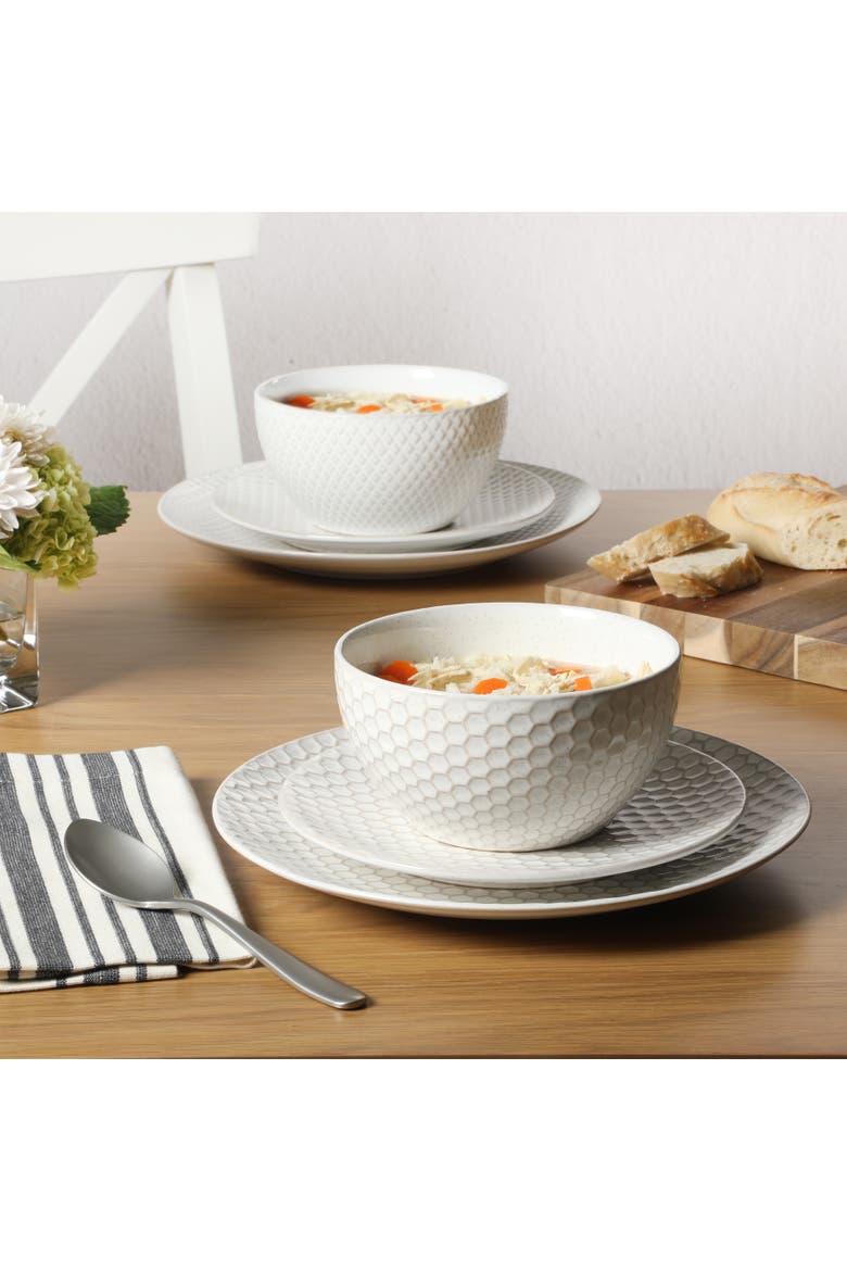 Oyster Tide 12-Piece Embossed Reactive Glaze Stoneware Dinnerware Set, Alternate, color, White