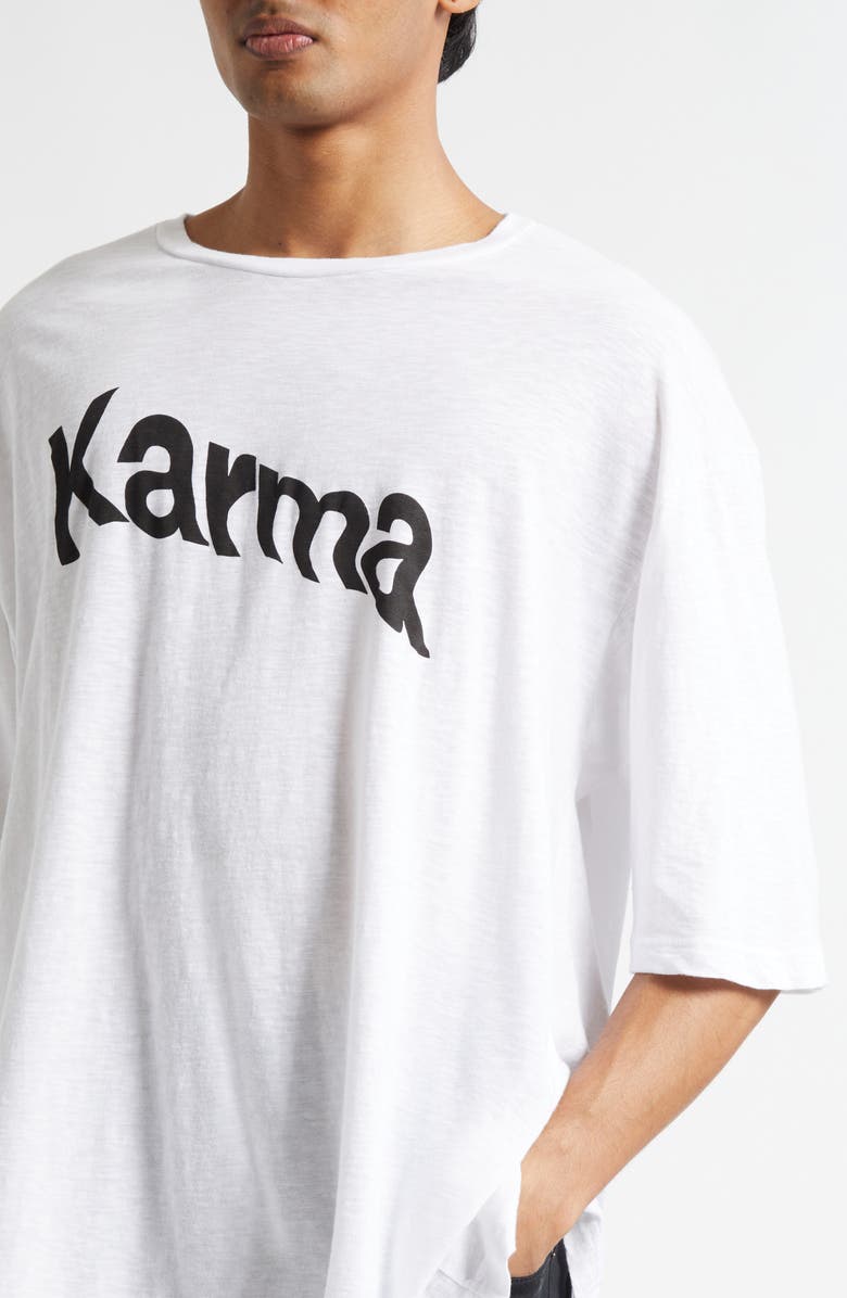 Undercover Karma Asymmetric Oversize Graphic T-Shirt, Alternate, color, White