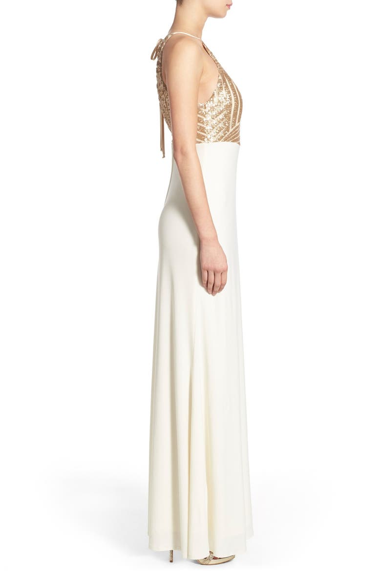 Sequin Halter Gown, Alternate, color, WARM SAND/ IVORY