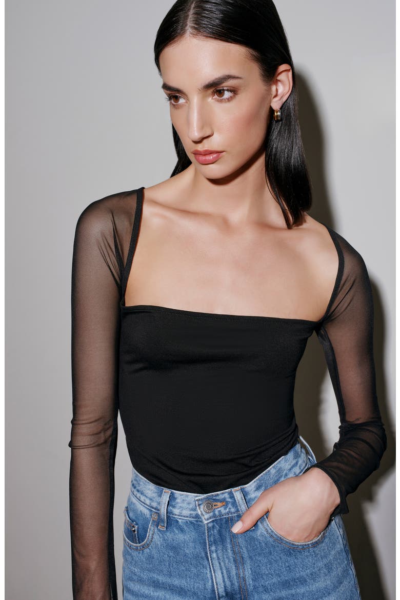Lucia Long Sleeve Mesh & Jersey Top, Alternate, color, BLACK