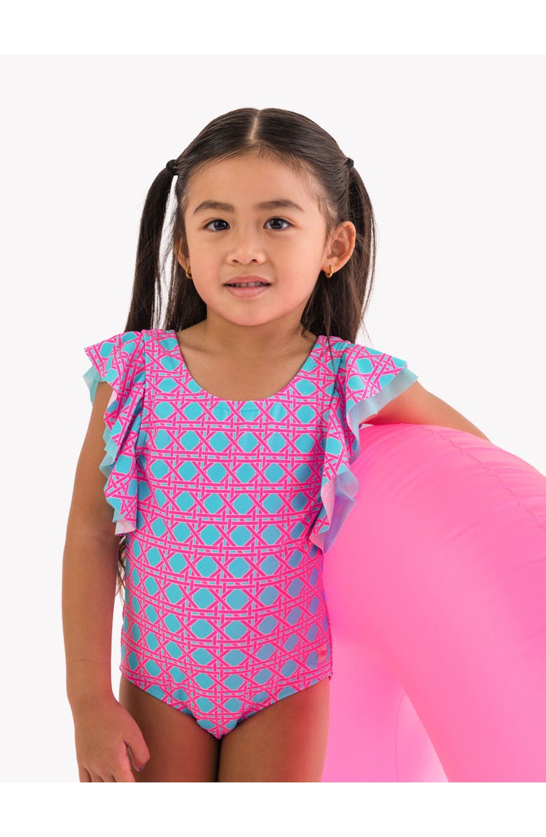 RuffleButts Baby/Toddler Girls UPF50+ Sun Protected Butterfly One Piece, Alternate, color, Neon Sorbet Cane