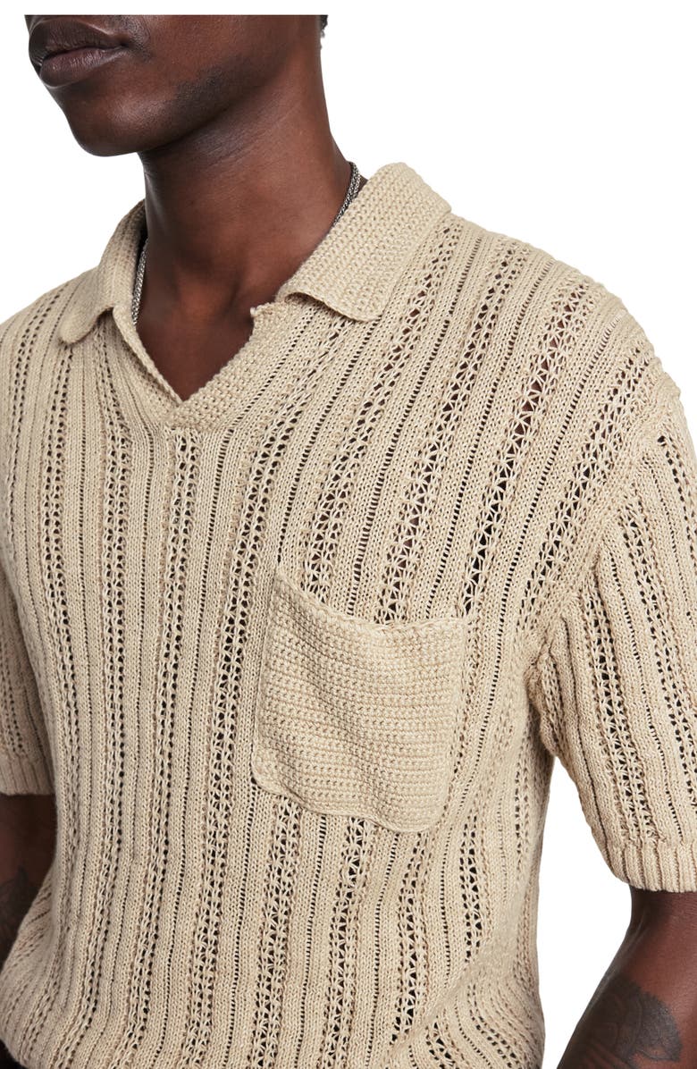 John Varvatos Odin Short Sleeve Textured Linen Johnny Collar Sweater, Alternate, color, Linen