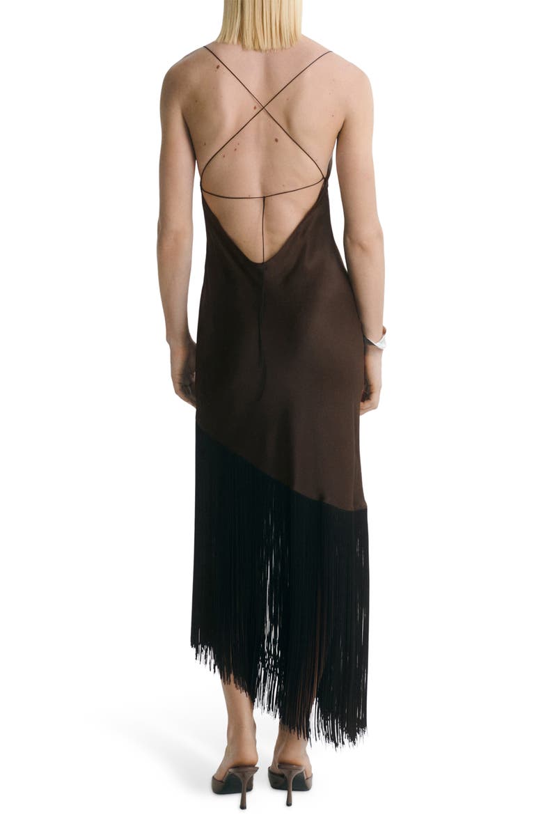 MANGO Fringe Trim Asymmetric Satin Slipdress, Alternate, color, Brown