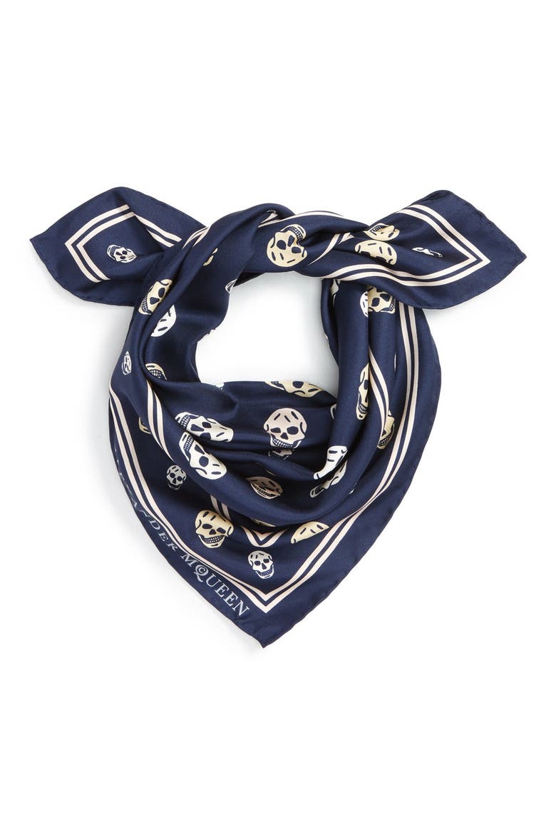 Alexander McQueen Skull Print Silk Twill Scarf, Main, color, NAVY/IVORY