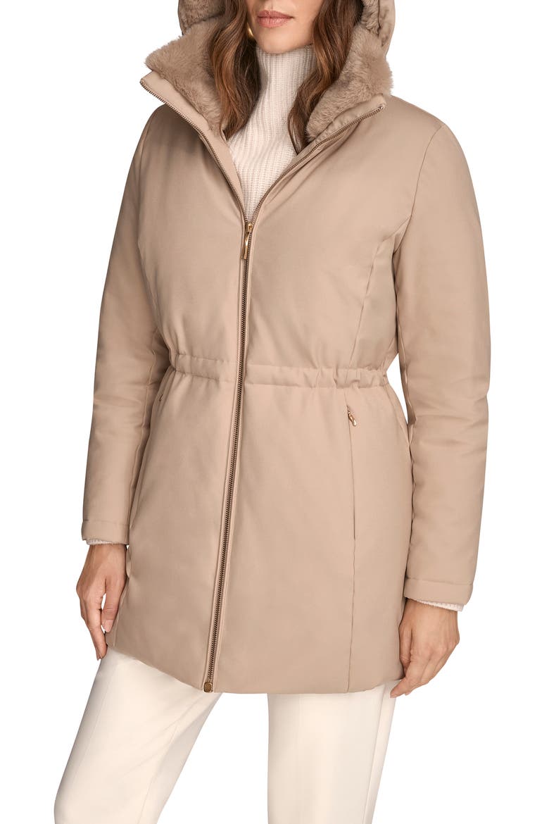 Lux Water Resistant Puffer Coat with Faux Fur Trim, Alternate, color, BARLEY