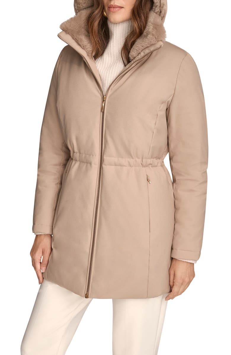 Donna Karan New York Lux Water Resistant Puffer Coat with Faux Fur Trim, Alternate, color, Barley