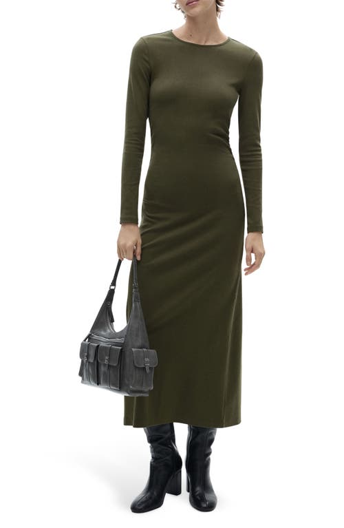 Mango Long Sleeve Stretch Cotton Midi Dress In Khaki Green