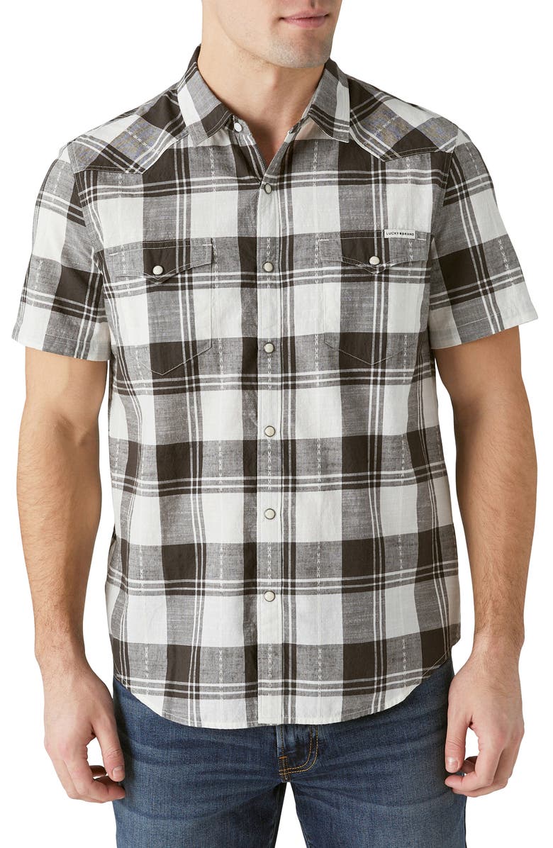 Lucky Brand Plaid Short Sleeve Stretch Cotton Snap-Up Western Shirt, Main, color,