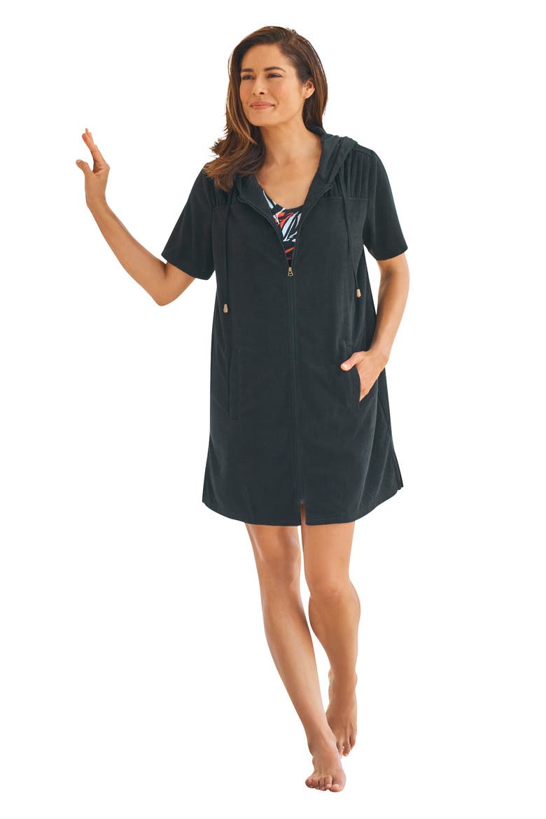 Terry Longer-Length Hooded Zip-Front Swim Cover-Up, Main, color, BLACK