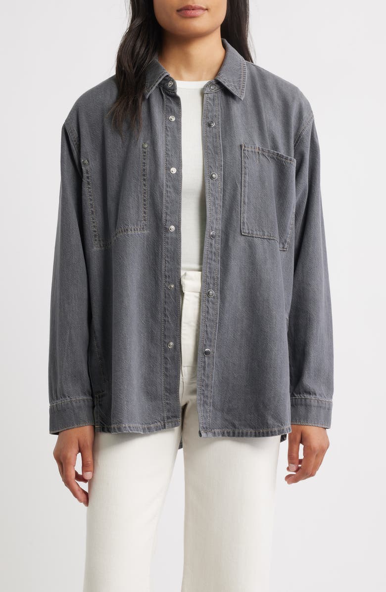 CITY BLUES Gramercy Oversize Denim Snap-Up Shirt, Main, color, Gray